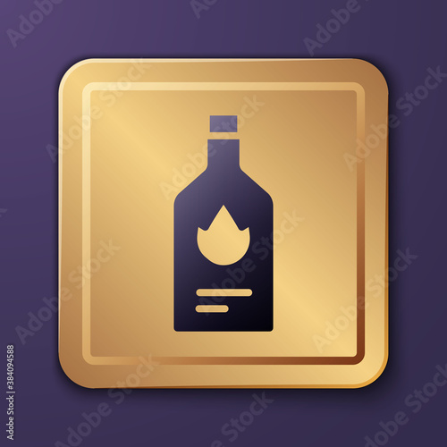 Purple Tabasco sauce icon isolated on purple background. Chili cayenne spicy pepper sauce. Gold square button. Vector.
