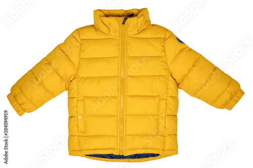 Down jacket for children. Stylish, yellow, warm winter jacket for children with removable hood, isolated on a white background. Winter fashion.