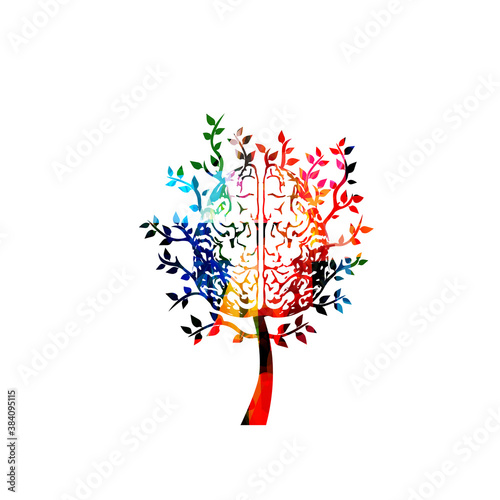 Colorful human brain with leaves vector illustration background. Creative thinking, brainstorming and smart ideas, innovative solutions, education and learning. Mental health concept