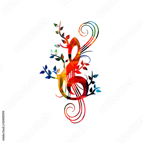 Colorful music promotional poster with G-clef isolated vector illustration. Artistic abstract background with treble clef for live concert events, music festivals and shows, party flyer template