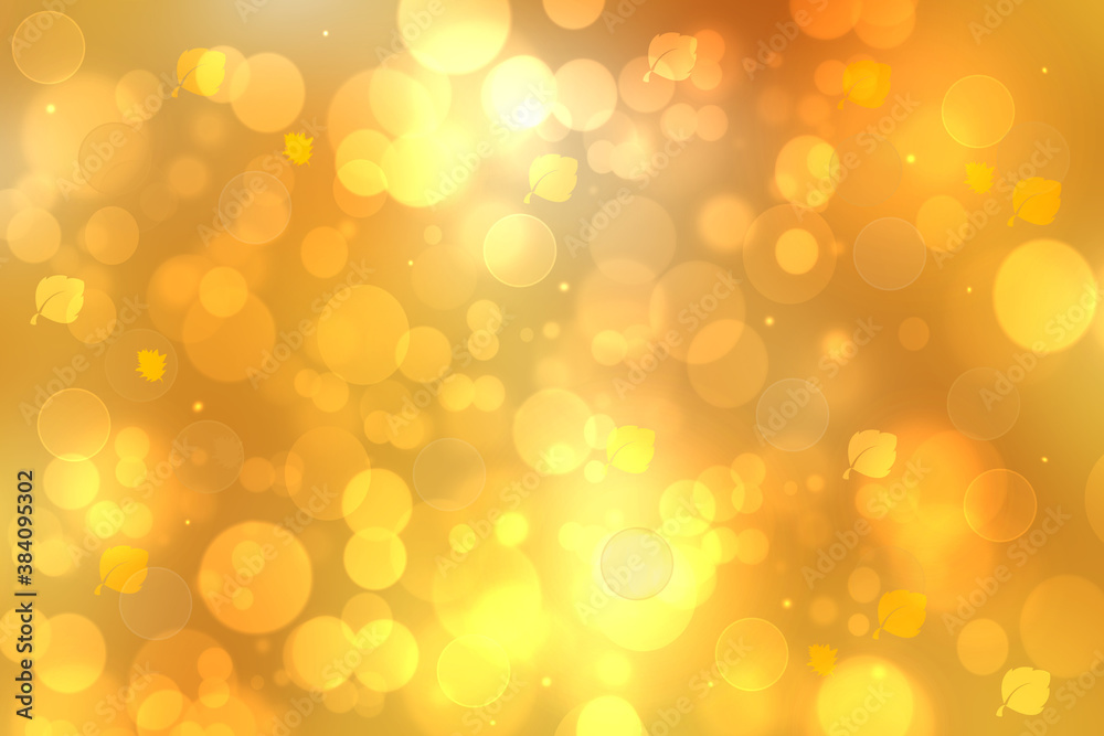 Abstract bright gradient yellow gold bokeh autumn background texture with leaves and sun lights. Indian summer. Space for your design. Beautiful yellow illustration. Abstract bright gradient yellow gold bokeh autumn background texture with leaves and sun lights. Indian summer. Space for your design. Beautiful yellow illustration.