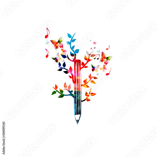 Colorful pencil with leaves for creative writing, idea and inspiration, education and learning concept. Blogging, composing and copywriting