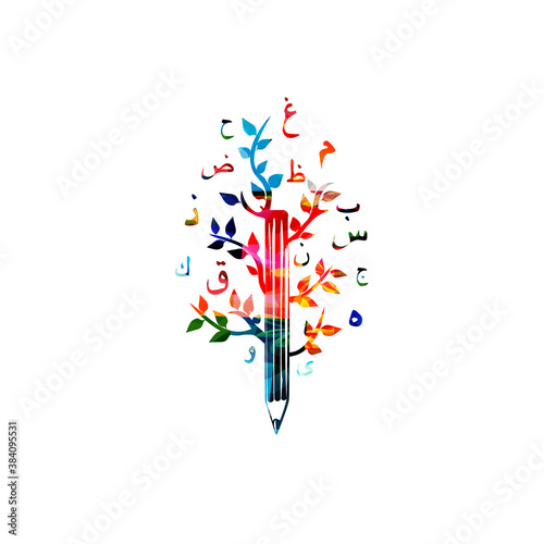 Colorful pencil with Arabic Islamic calligraphy symbols for creative writing, idea and inspiration, education and learning concept. Blogging and copywriting