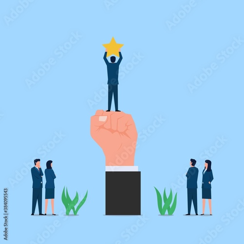Man stand upon clenched fist and take the star metaphor of reward and effort. Business flat vector concept illustration.