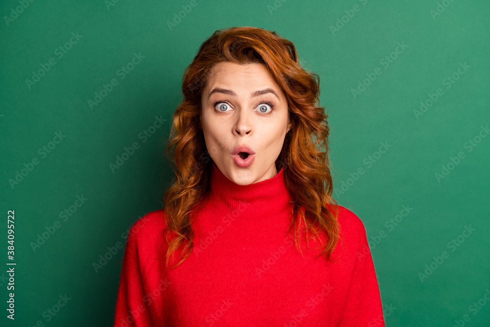 Photo of cute young lady surprised expression open mouth wear red sweater isolated green color background Photo of cute young lady surprised expression open mouth wear red sweater isolated green color background