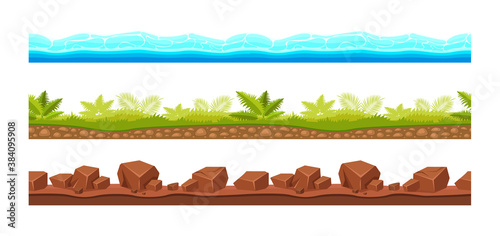 Landscape grounds seamless. Water with waves, nature soil layers with rocks, grass with tropical vegetation. Cartoon texture different ground, landscape seamless background. Gaming floor texture.