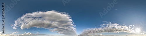 blue sky with beautiful clouds. Seamless hdri panorama 360 degrees angle view with zenith for use in 3d graphics or game development as sky dome or edit drone shot