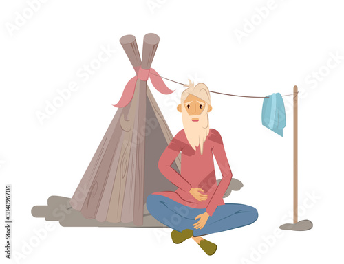 Homeless people concept. Elderly man begging money and needing help, isolated vector. Unemployment poor man in rags, sitting near of temporary ramshackle hut on street.
