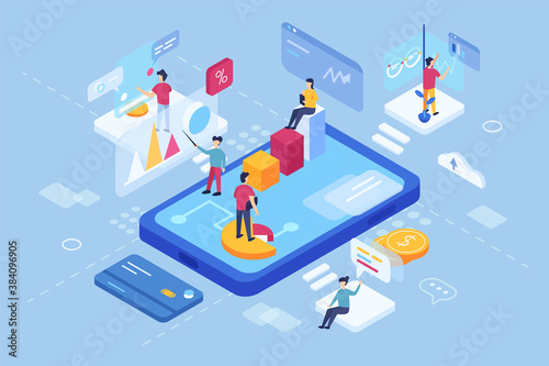 3d isometry of virtual mobile tablet with displays, graphs and data, people work with data, isolated on white background, flat vector illustration.