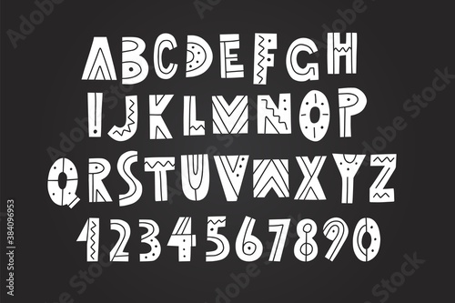 hand drawn alphabet, letters and numbers on chalkboard background, vector illustration