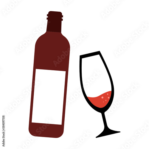 Wine bottle with wine glass isolated on white background.