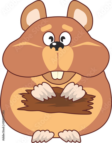 Hamster isolated on white background. A cute plump hamster sits on its hind legs, holds and gnaws on the bark of a tree. Flat infographics. Vector illustration in cartoon style..