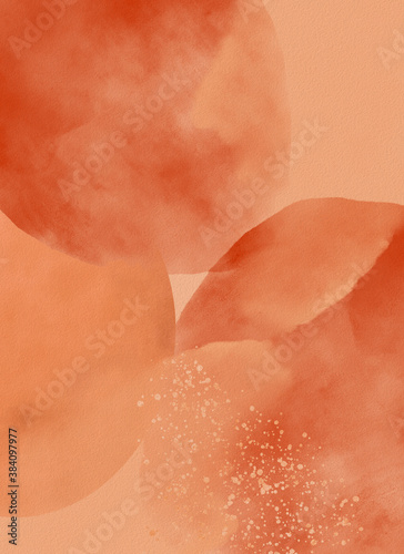 Watercolor drawn by brush. Beige, terracotta paints on paper background. Smoke, splashes, drops, marble texture. Arrangements abstract modern wall art for poster, print, invitations, card, template photo