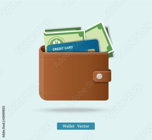 Brown wallet full of green dollars vector illlustration