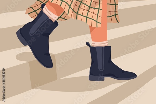 Woman in black trendy chelsea boots. Female legs in stylish comfortable leather demi-season footwear. Fall or spring shoes flat vector illustration