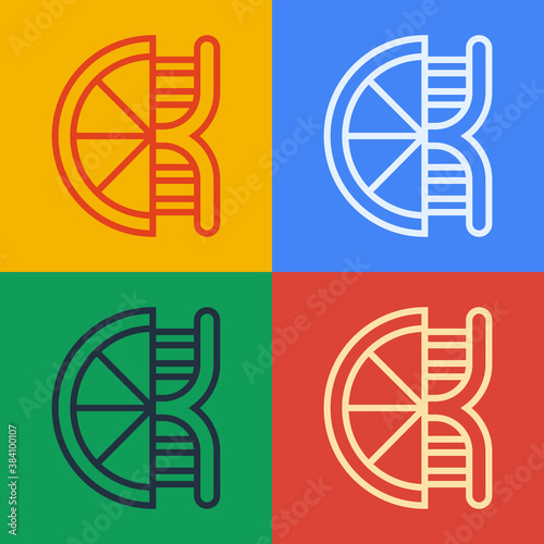 Pop art line Genetically modified citrus fruit icon isolated on color background. Orange in a cut. Healthy lifestyle. GMO fruit. Vector.