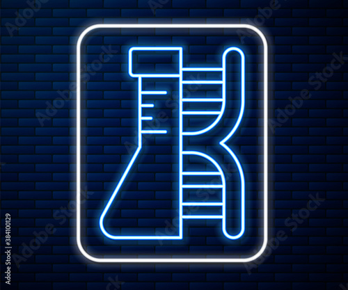 Glowing neon line DNA research, search icon isolated on brick wall background. Genetic engineering, genetics testing, cloning, paternity testing. Vector.