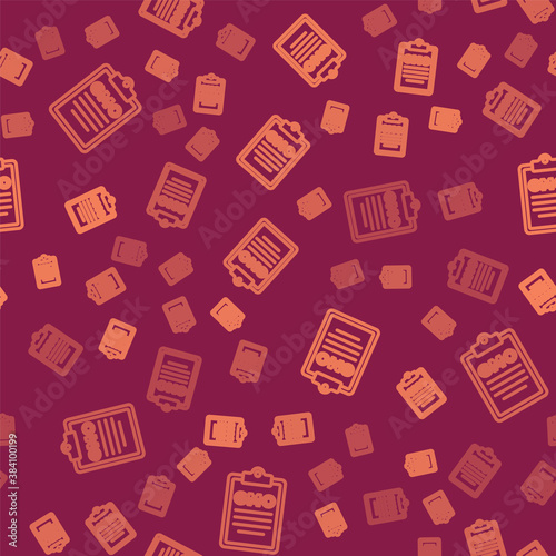 Brown line GMO icon isolated seamless pattern on red background. Genetically modified organism acronym. Dna food modification. Vector.