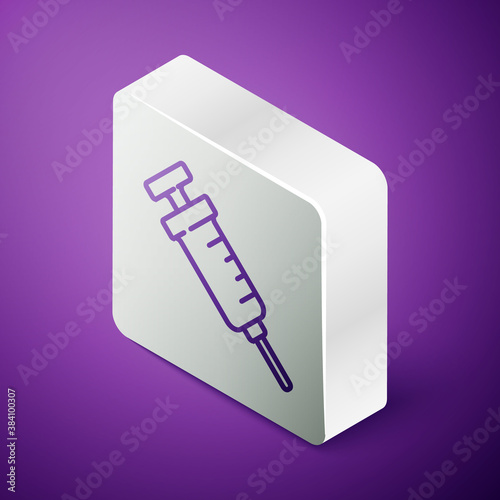 Isometric line GMO syringe icon isolated on purple background. Genetically modified organism acronym. Dna food modification. Silver square button. Vector.