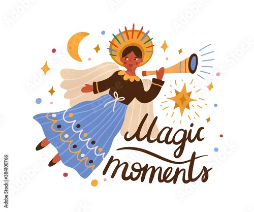 Xmas angel flying and holding trumpet. Christmas greeting card decorated with stars and festive lettering. Holiday composition with archangel. Vector flat cartoon illustration isolated on white