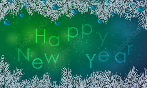 Happy New Year poster. Banner with balls, snow and branches of christmas tree on the green and blue background. Christmas design, decor. Vector illustration.