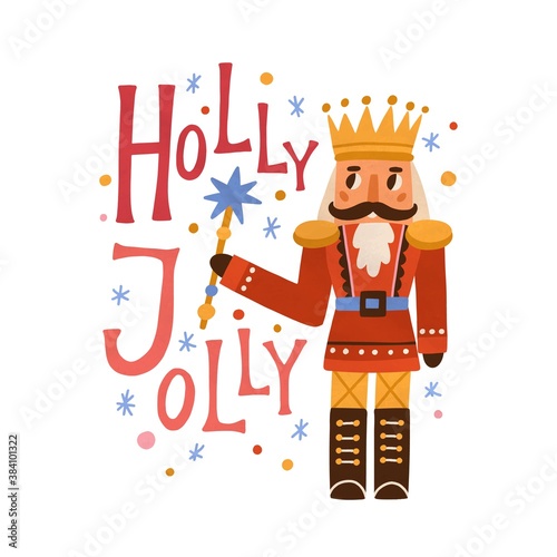 Christmas card with nutcracker, snowflakes and Holly Jolly inscription. Holiday greeting card with festive toy in crown. Vector flat cartoon illustration isolated on white