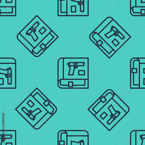 Black line Book with pistol or gun icon isolated seamless pattern on green background. Police or military handgun. Small firearm. Weapon catalog. Vector.