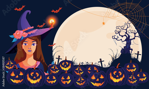 Halloween Fullmoon Banner, Witch, Haunted House, pumpkins patch, and Bats.Happy Halloween purple banner trick or treat with a full moon Vector illustration Flat design