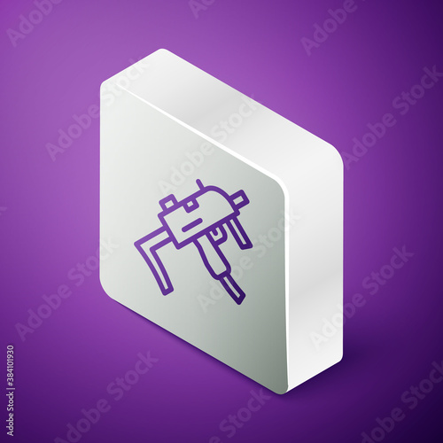 Isometric line MP9 submachine gun icon isolated on purple background. Automatic weapon. Silver square button. Vector.