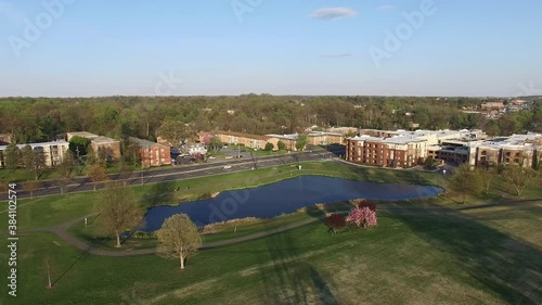 Gaithersburg Maryland Suburb Aerial in Spring - Fly Over Bohrer Park Pond