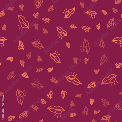 Brown line Herpes lip icon isolated seamless pattern on red background. Herpes simplex virus. Labial infection inflammation symbol. Vector.
