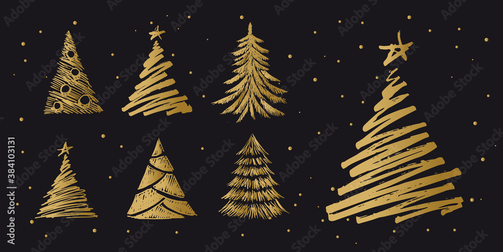 Christmas tree hand drawn illustrations. Vector.	