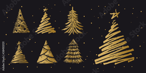 Christmas tree hand drawn illustrations. Vector.	