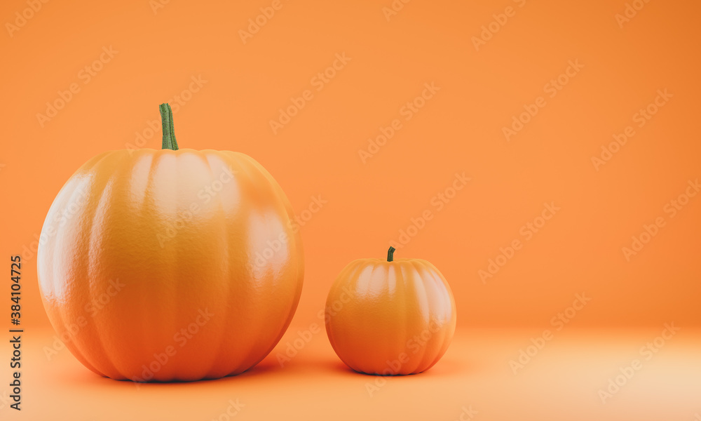 Big and a small pumpkin on an orange background. two orange pumpkins. 3D rendering Big and a small pumpkin on an orange background. two orange pumpkins. 3D rendering