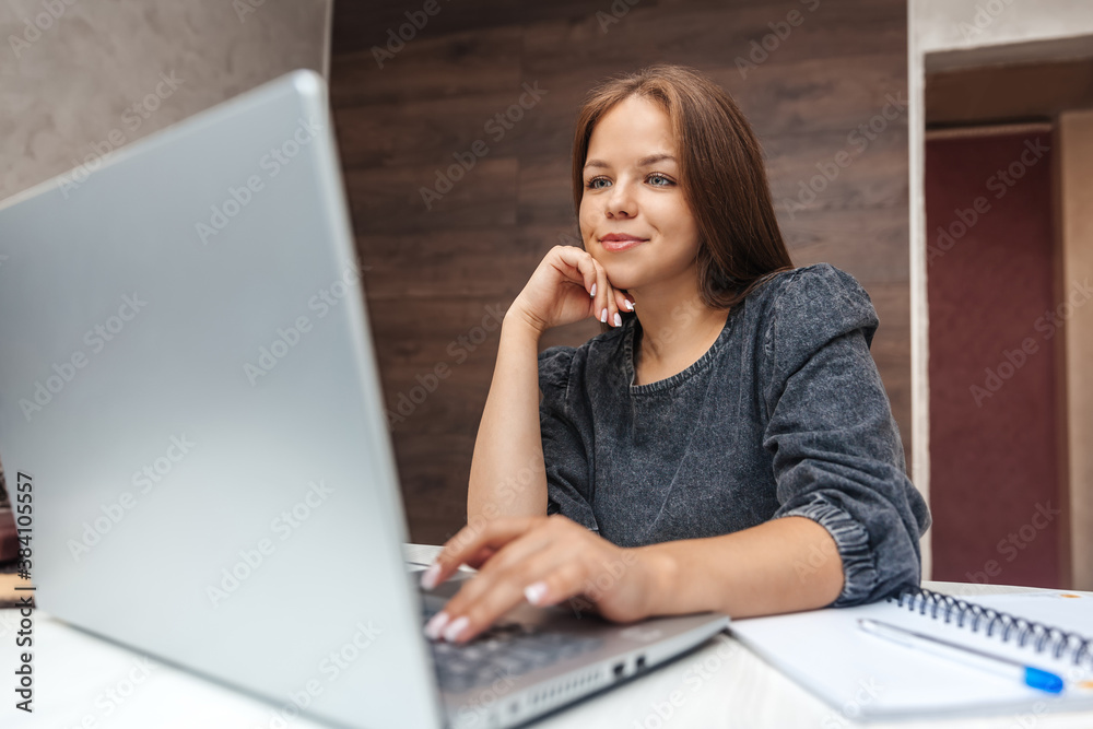 Young smiling woman working on laptop at home Young smiling woman working on laptop at home