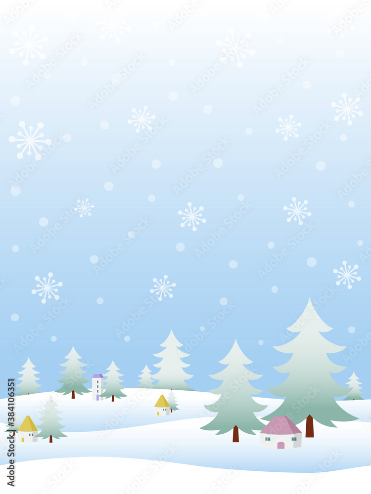 Vertical winter scene background with falling snow, snowy hills, pine trees, and little houses. Vector illustration.