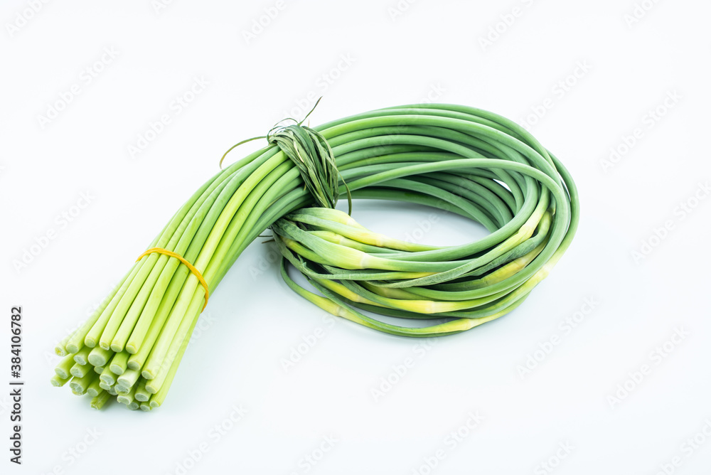 Handful of fresh garlic moss on white background Handful of fresh garlic moss on white background
