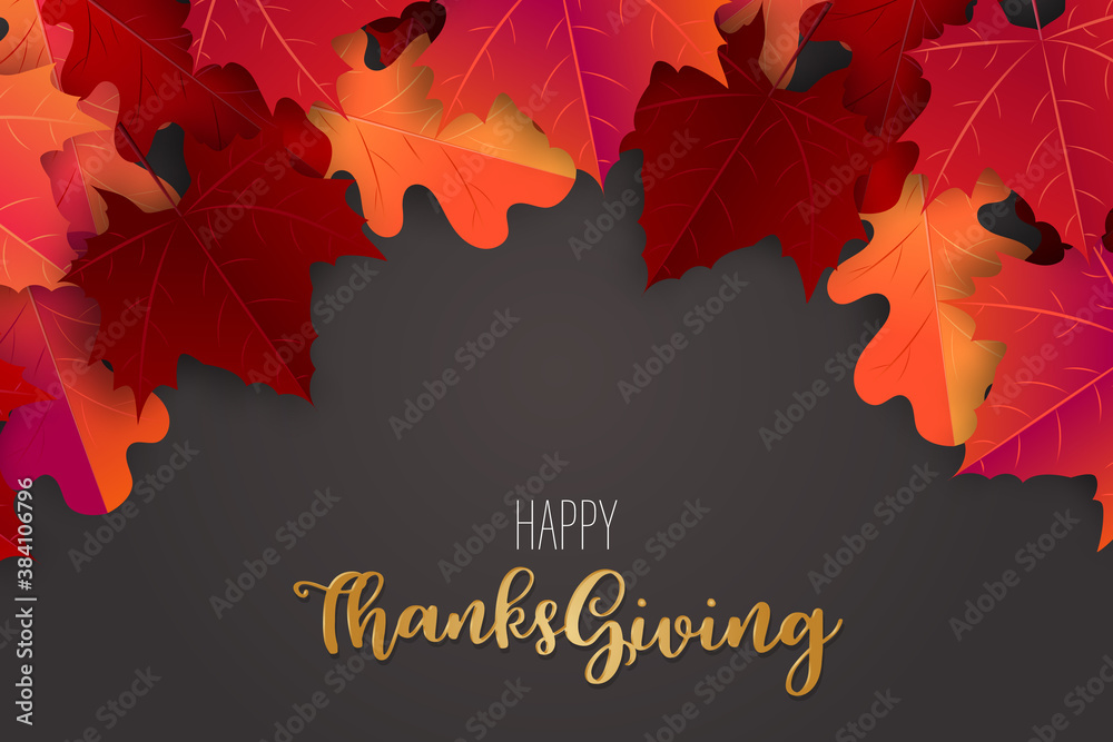 Happy Thanksgiving poster.  Background with red and orange maple fall leaves. American traditional november holiday. Banner for sale, advertisement, promotion, invitation. Golden typography text. - obrazy, fototapety, plakaty 
