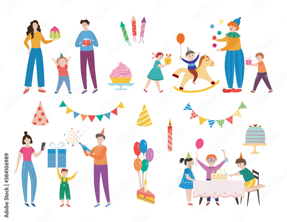 Set cartoon icons for children birthday party flat vector illustration isolated.