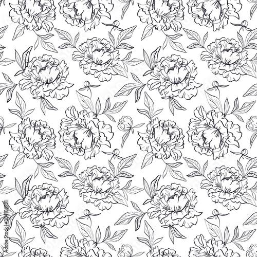 Vector floral seamless pattern with elegant white peony flowers, buds and leaves in line shape on white background
