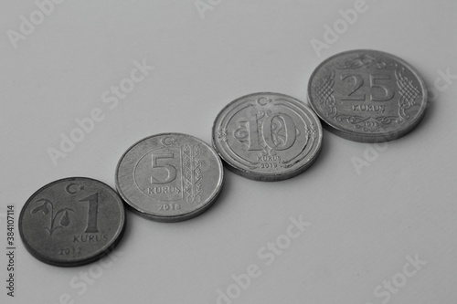 Black and white photo of Turkish coins. Turkish lira.