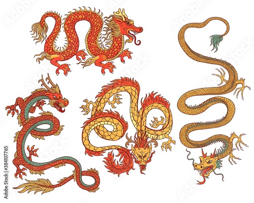 Detailed images of asian dragon set of cartoon vector illustrations isolated.