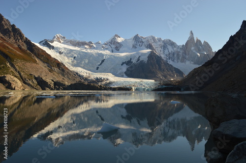 Hiking around the icy glacial lakes of El Chalten, Laguna de los Tres and Fit Roy Mountains in Patagonia, Argentina
