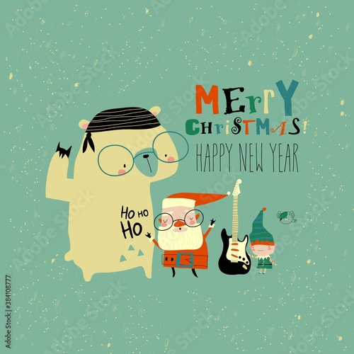 Funny rock n roll Santa Claus with polar bear and little helper