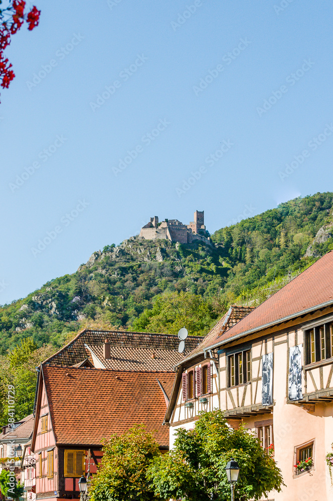 Ribeauvillé, Weindorf, Weinstrasse, Burgen, Ruinen, Wehrburgen, Schlösser, Elsass, Haut-Rhin, Grand Est, Weinberge, Herbst, Frankreich