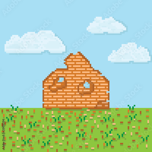 The broken wall on garden pixel art. Vector pixel art.