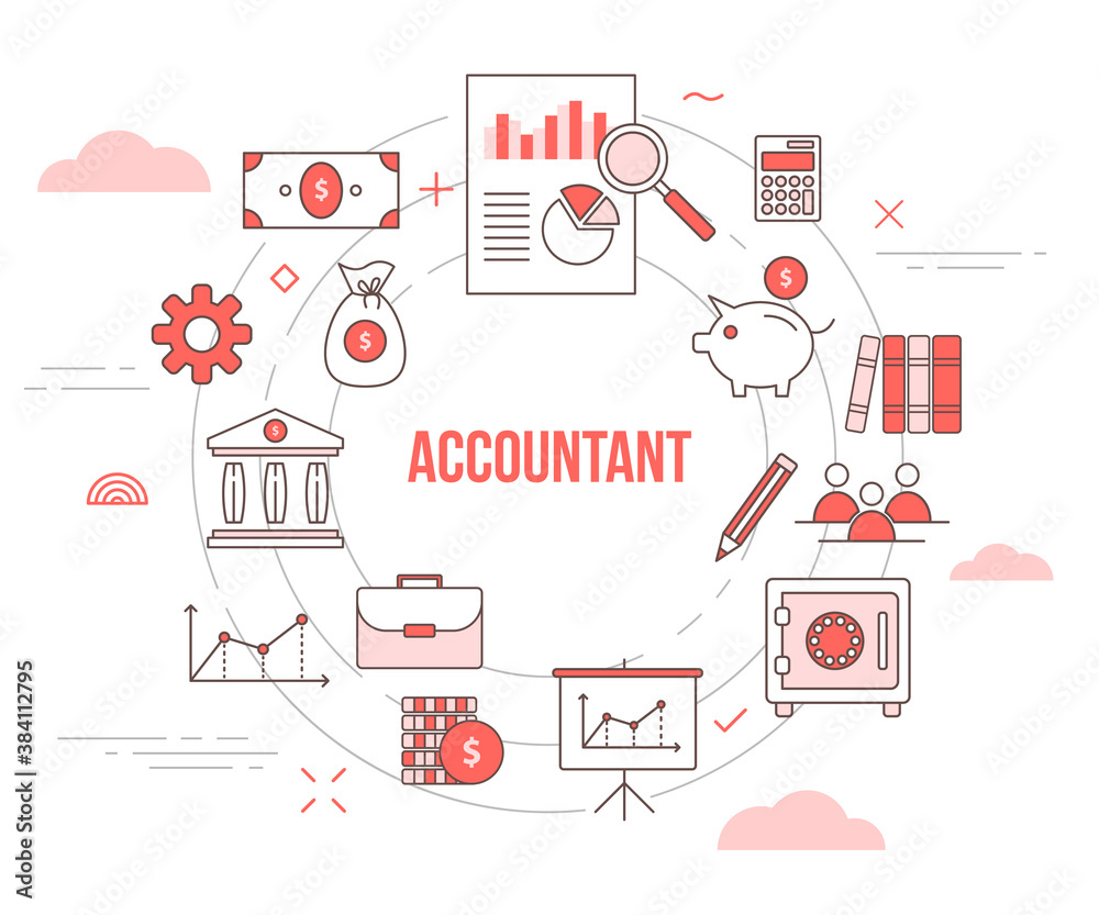 accountant concept with icon set template banner with modern orange color style and circle shape accountant concept with icon set template banner with modern orange color style and circle shape