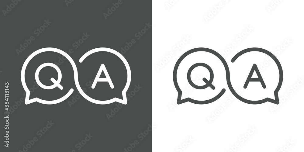 Pregunta y respuesta. Preguntas más frecuentes. Logotipo lineal con letras Q y A en burbuja de habla como símbolo infinito en fondo gris y fondo blanco