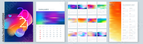 Calendar Template for 2021 Year. Planner Wall or Desk Calendar Template Layout Design with Place for Photo. Set of 12 Months starts on January, Week Starts on Sunday. A4 or A5 format, vector