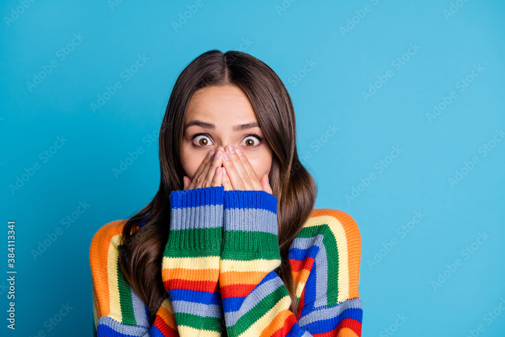 Close up photo of astonished girl impressed wonderful novelty close cover hands mouth wear good look winter season outfit isolated over blue color background - obrazy, fototapety, plakaty 